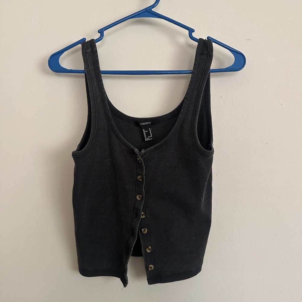forever 21 black distressed button down tank top